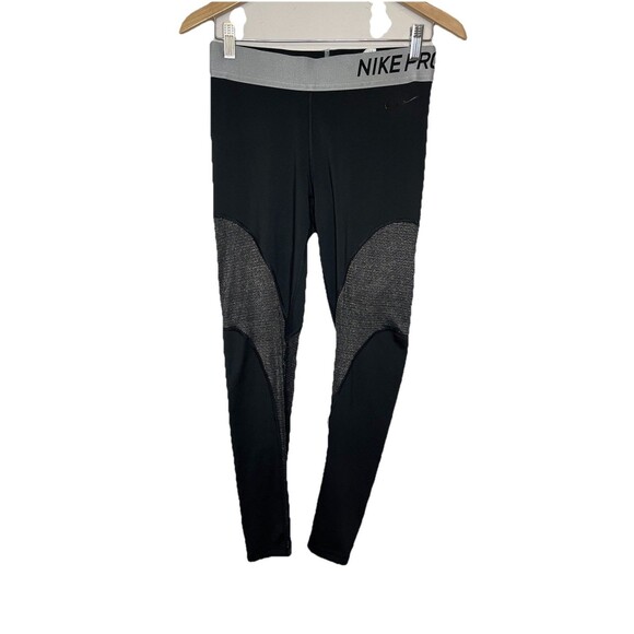 Nike Pro Dri Fit Women's Large Black Leggings Silver Band Metallic Active - Picture 1 of 6